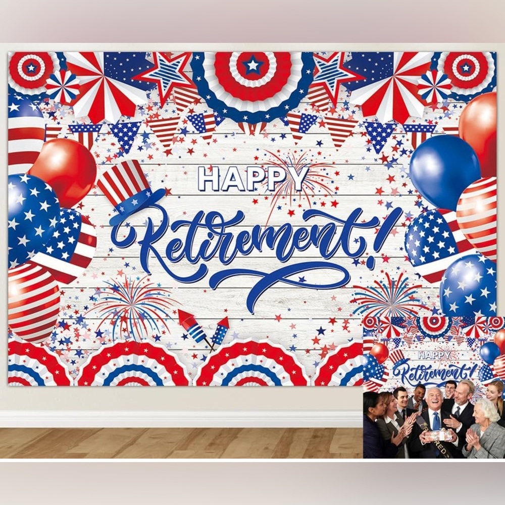 Patriotic Military Retirement Party Photo Backdrop Banner & Star Streamers Decor